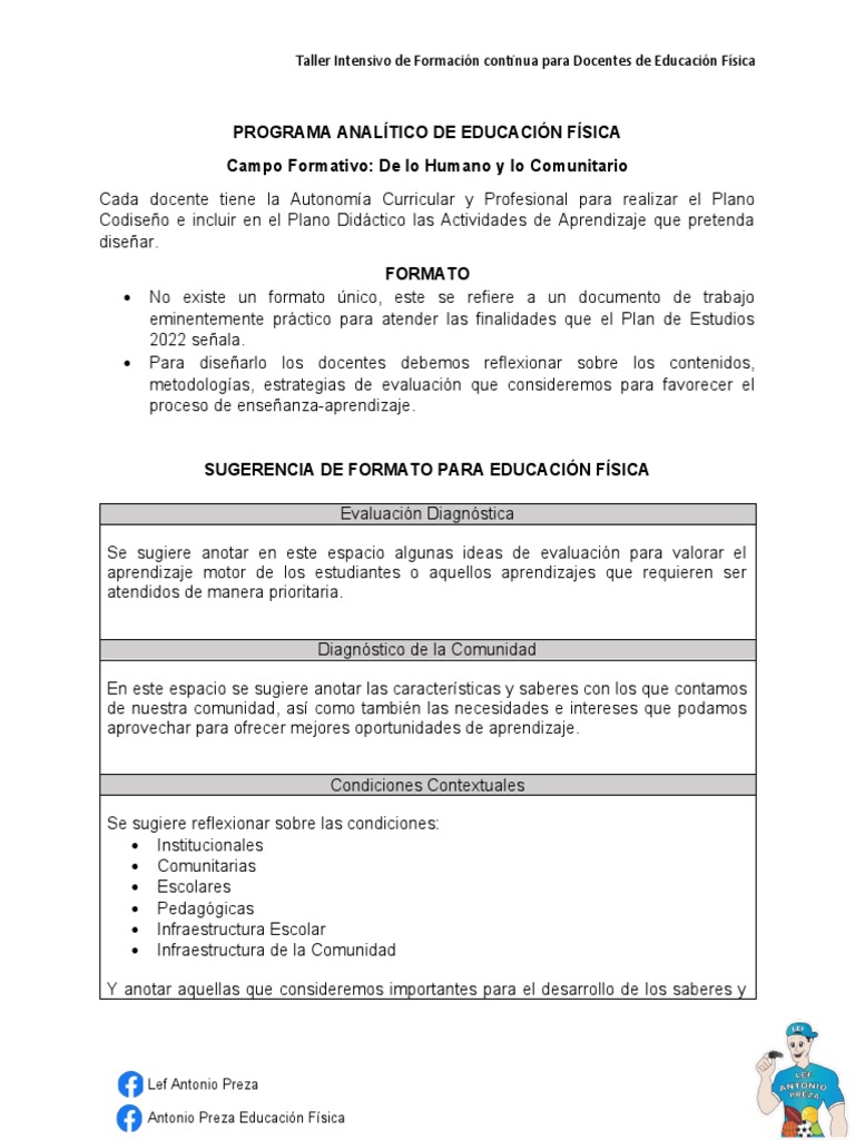 Programa Analítico Y Codiseño De Educación Física Mtro Antonio Preza