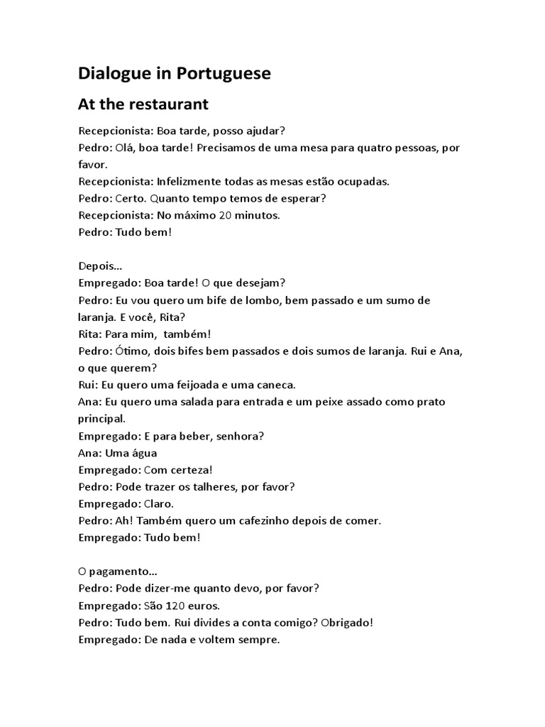 Dialogue in Portuguese | PDF | Gastronomia, comida e vinho