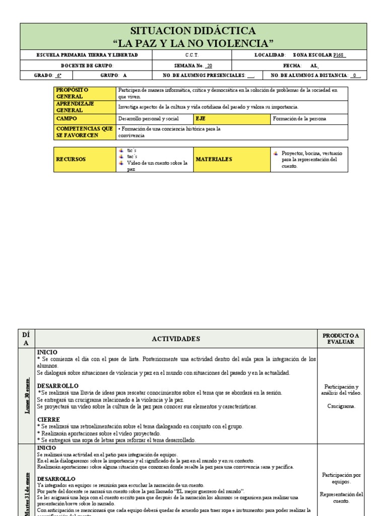 Actividades sobre Paz y No Violencia en 6º | PDF | Paz | Salón de clases
