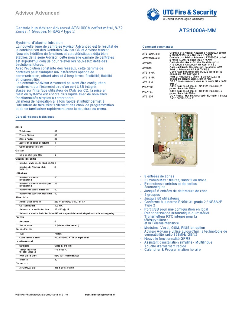 Centrale d'alarme Advisor Advanced ATS1000A | PDF | USB | Clavier d ...