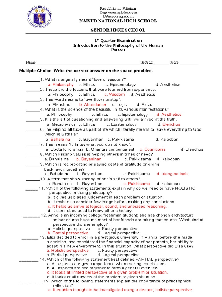 Grade 12 Philosophy 1st Quarter Exam | PDF