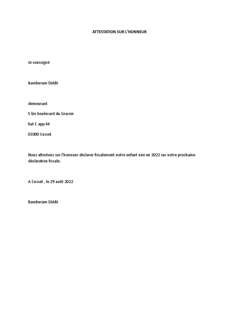 Attestation sur l'honneur fiscale | PDF