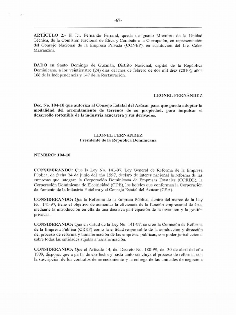 Decreto 104-10 Leonel Fernandez | PDF