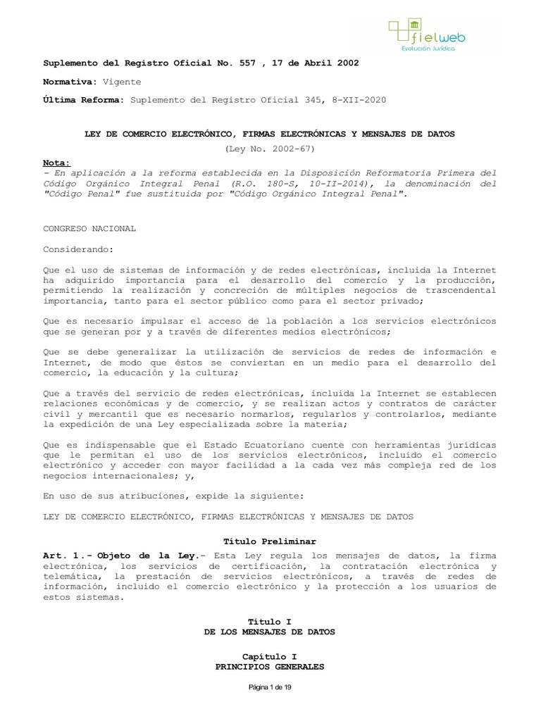 Ley De Comercio Electrónico Firmas Electrónicas Y Mensajes De Datos