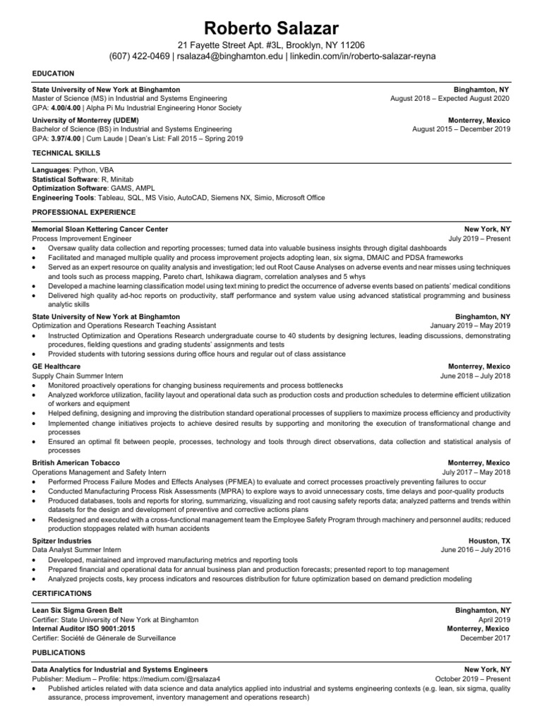 Roberto salazar s resume a summary of accomplishments in industrial