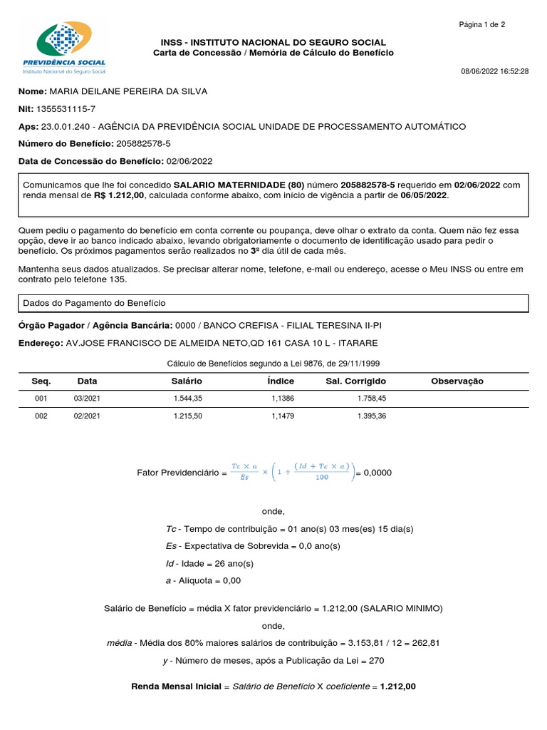Carta de Concessão de Benefício de Salário-Maternidade com Memória de ...