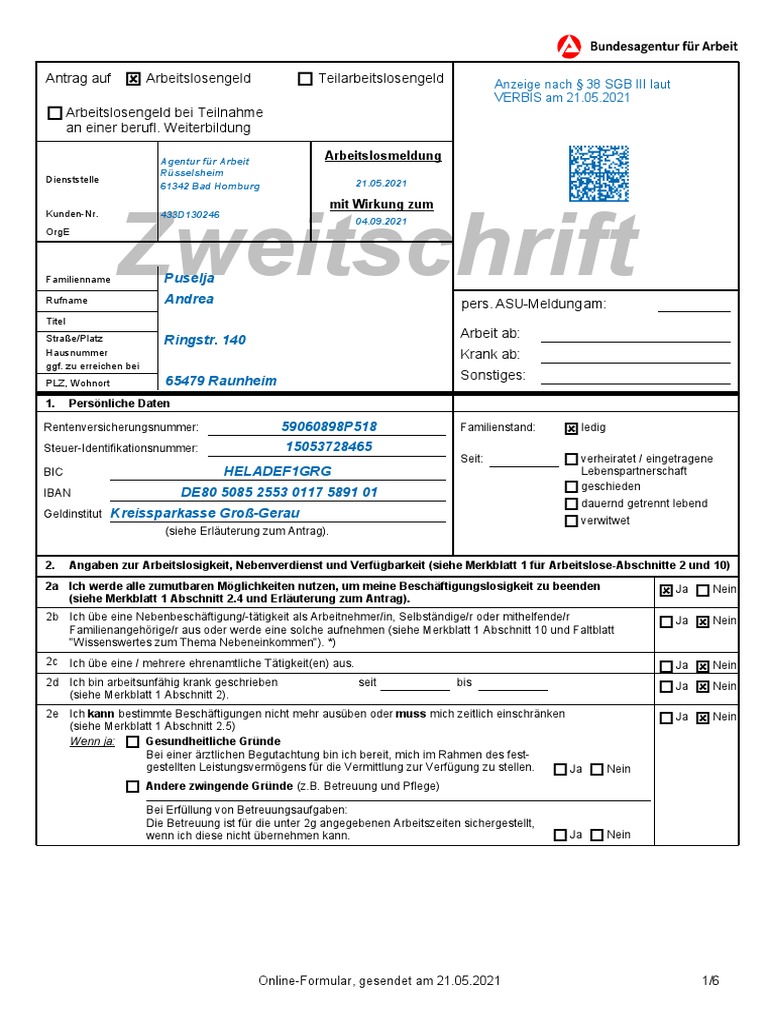 Antrag Auf Arbeitslosengeld (PDF, 246 KB) | PDF