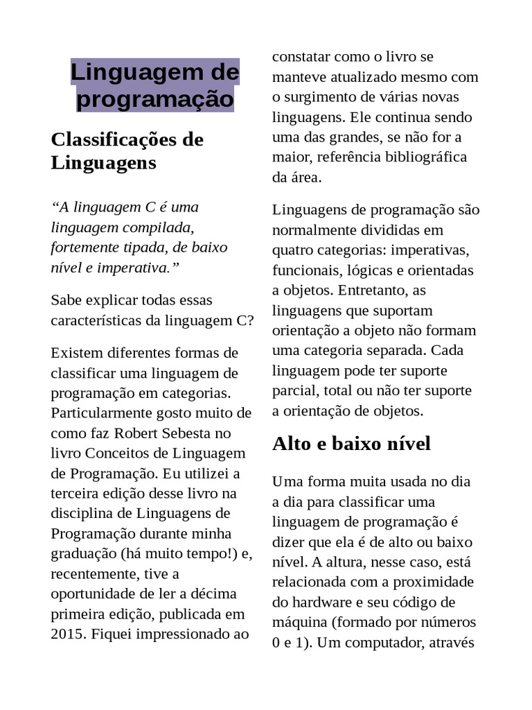 Linguagem de Programação e Suas Classificações | PDF | Linguagem de ...