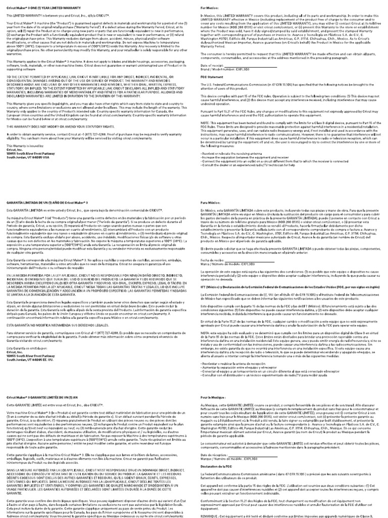 Cricut Maker 3 Warranty FCC Namr PDF
