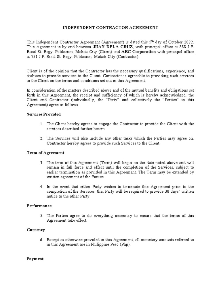 Independent Contractor Agreement Philippines | PDF | Indemnity | Justice