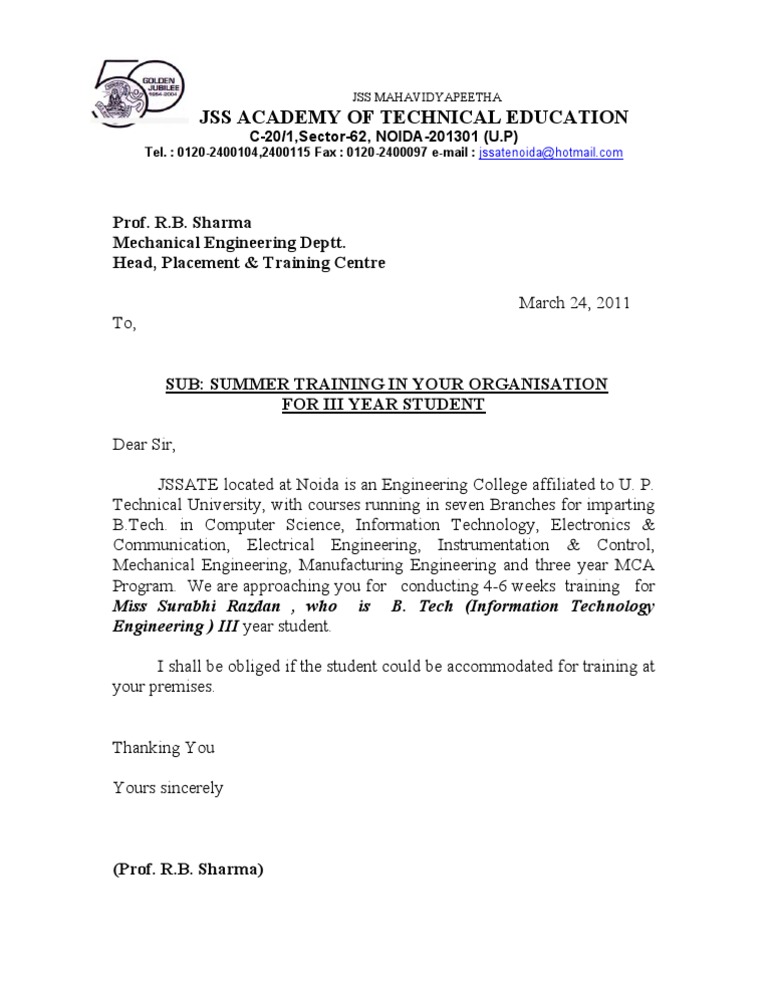 sample of application letter for one year industrial training