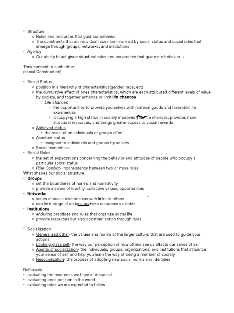 Structure and Agency Sociology Notes | PDF | Institution | Socialization