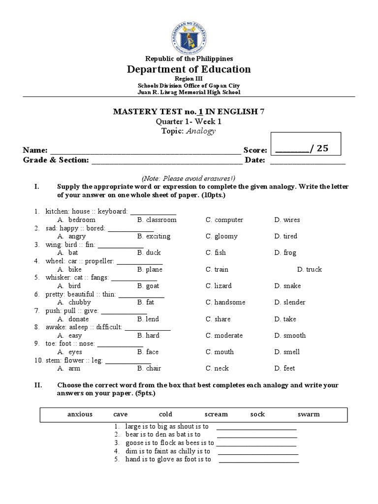 G7 - Q1 - Mastery Test 1 in English | PDF