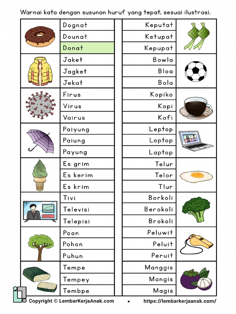 Latihan Membaca 02 Susunan Huruf Yang Tepat Mewarnai Pdf