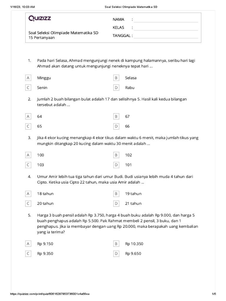 Soal Seleksi Olimpiade Matematika Sd Print Pdf