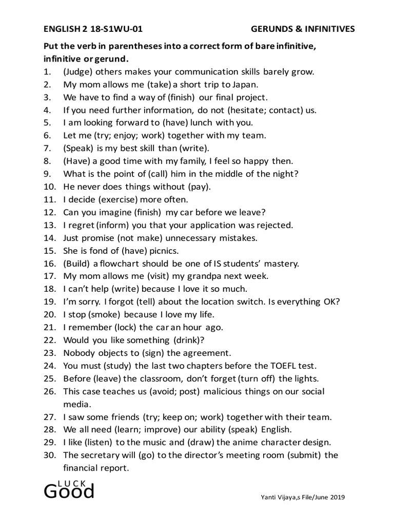 Worksheet - Gerunds and Infinitives | PDF