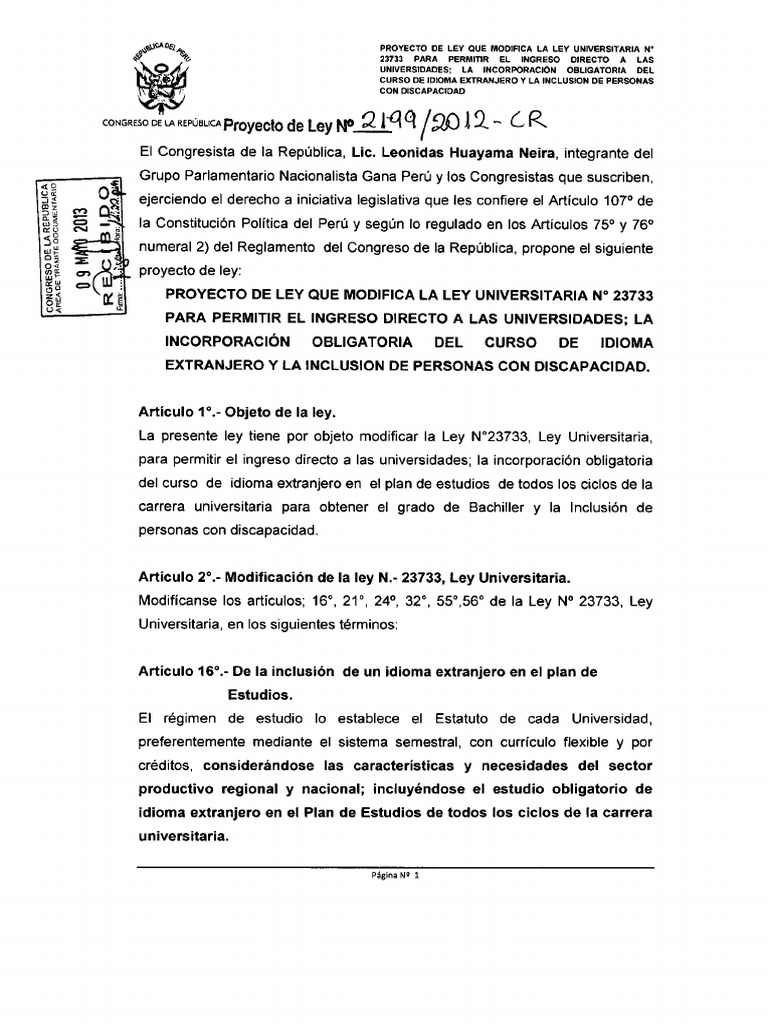 Proyecto de Ley Que Modifica La Ley Universitaria 23733 PDF