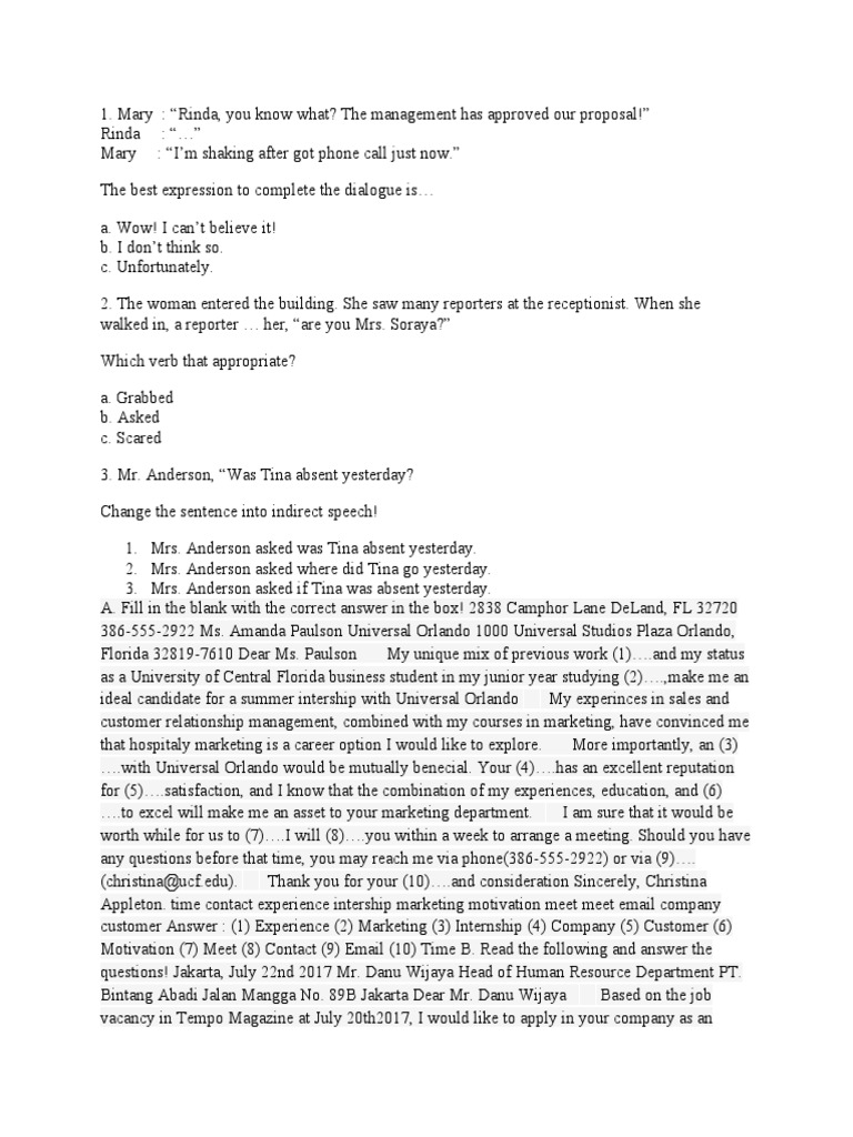 Dialogue and Application Letter Exercises | PDF | Restaurants | Chef