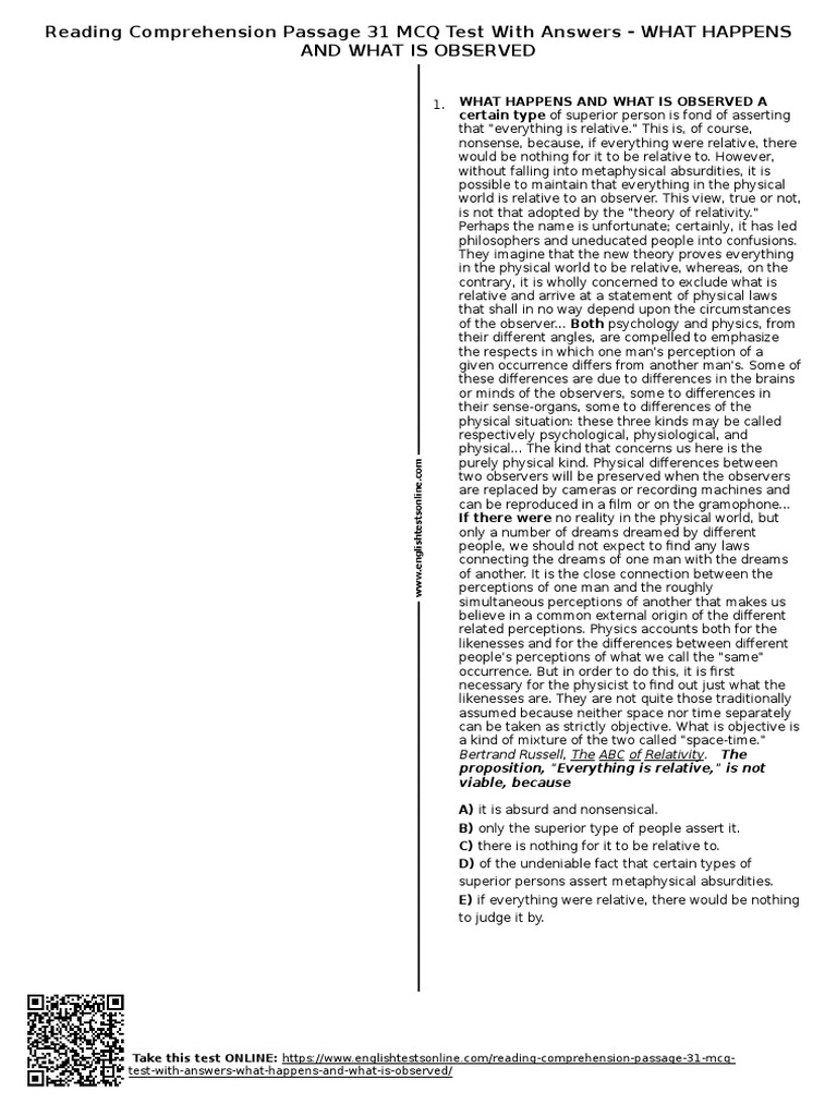 601 reading comprehension passage 31 mcq test with answers what happens