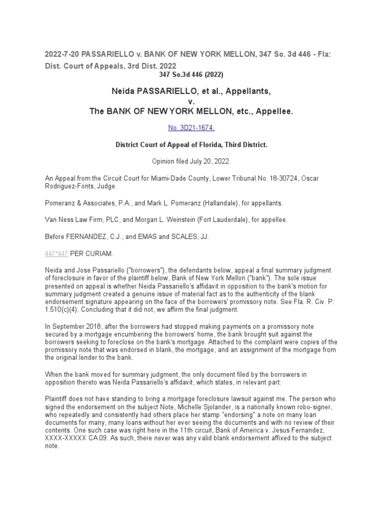 PASSARIELLO v. BANK OF NEW YORK MELLON PDF Summary Judgment Affidavit
