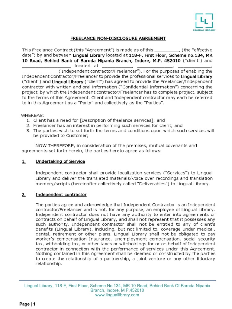 Freelancer NDA PDF Damages Legal Liability