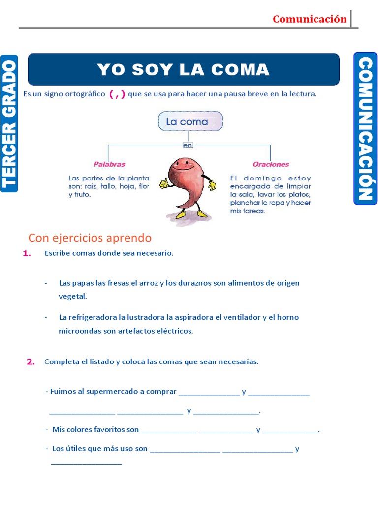 Ejercicios de uso de la coma para niños | PDF