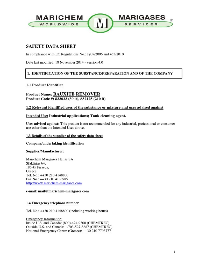 Bauxite Remover SDS Safety Data Sheet | PDF | Toxicity | Dangerous Goods