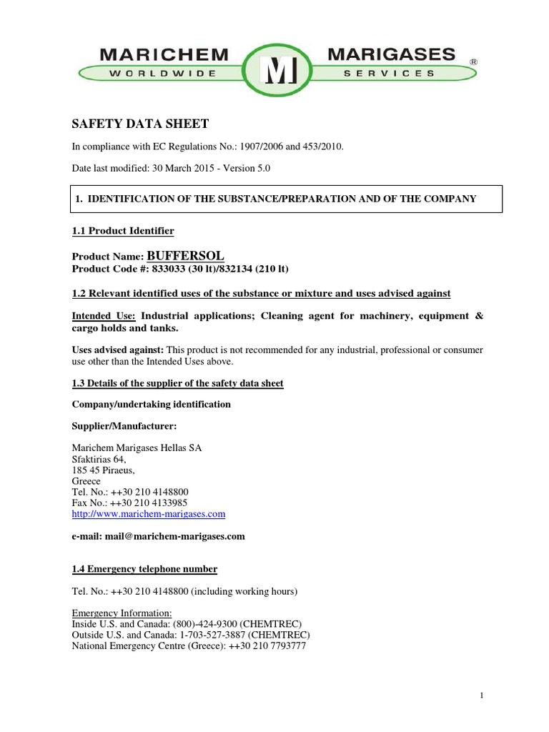 Buffersol Safety Data Sheet Summary | PDF | Toxicity | Dangerous Goods