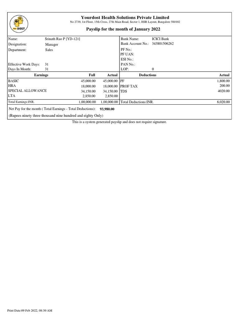 YourDOST Payslip January 2022 PDF