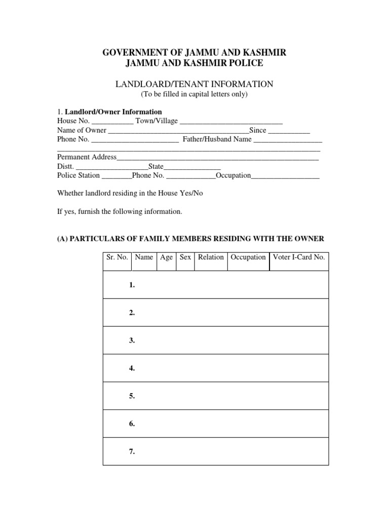 Tenant Verification Form - J&K Police | PDF | Landlord | Government And ...
