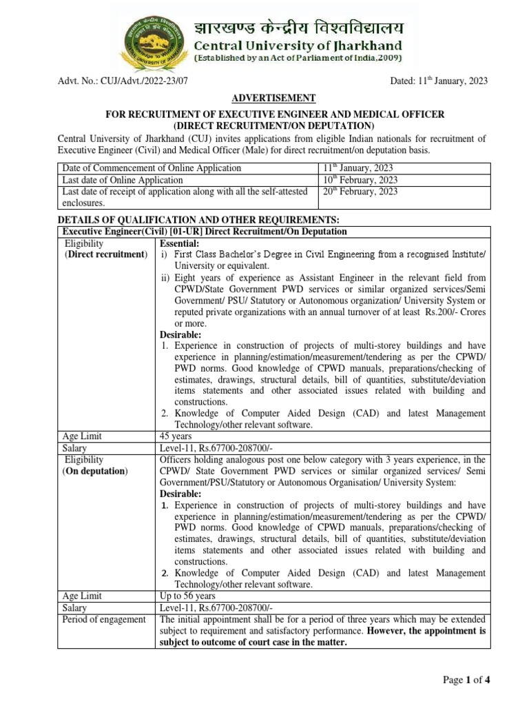 CUJ Recruitment: Executive Engineer & MO | PDF | Computer Aided Design