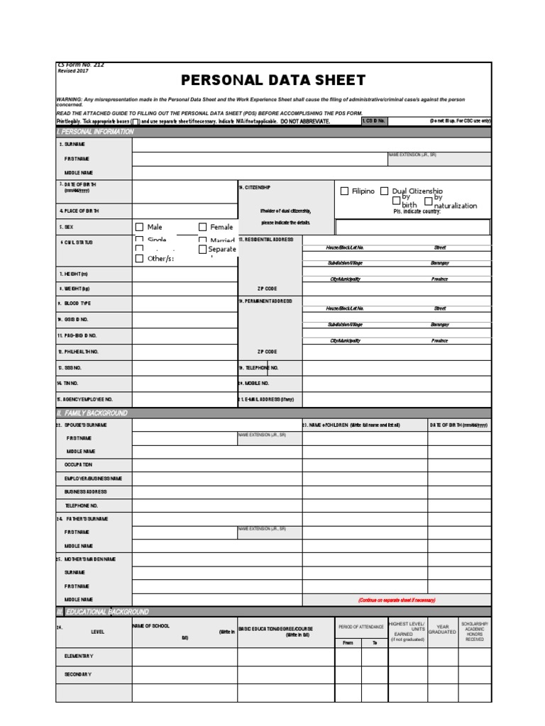 CS Form 212 BLANK Personal Data Sheet 1 | PDF | Government | Justice