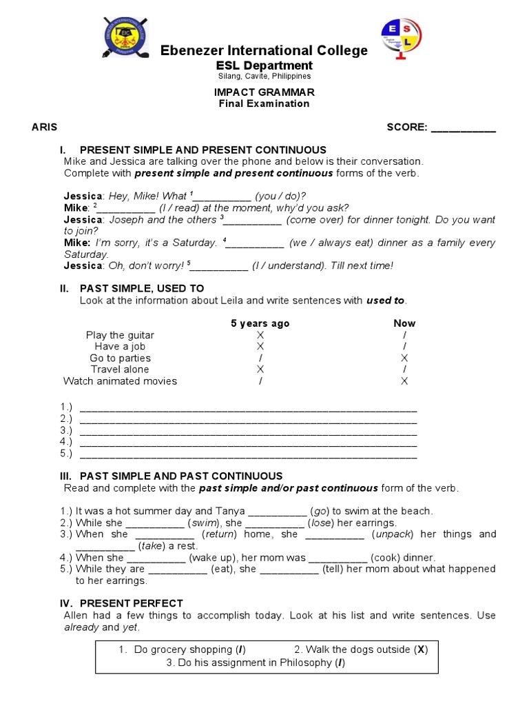 ESL Grammar Final Exam Guide | PDF | Language Arts & Discipline