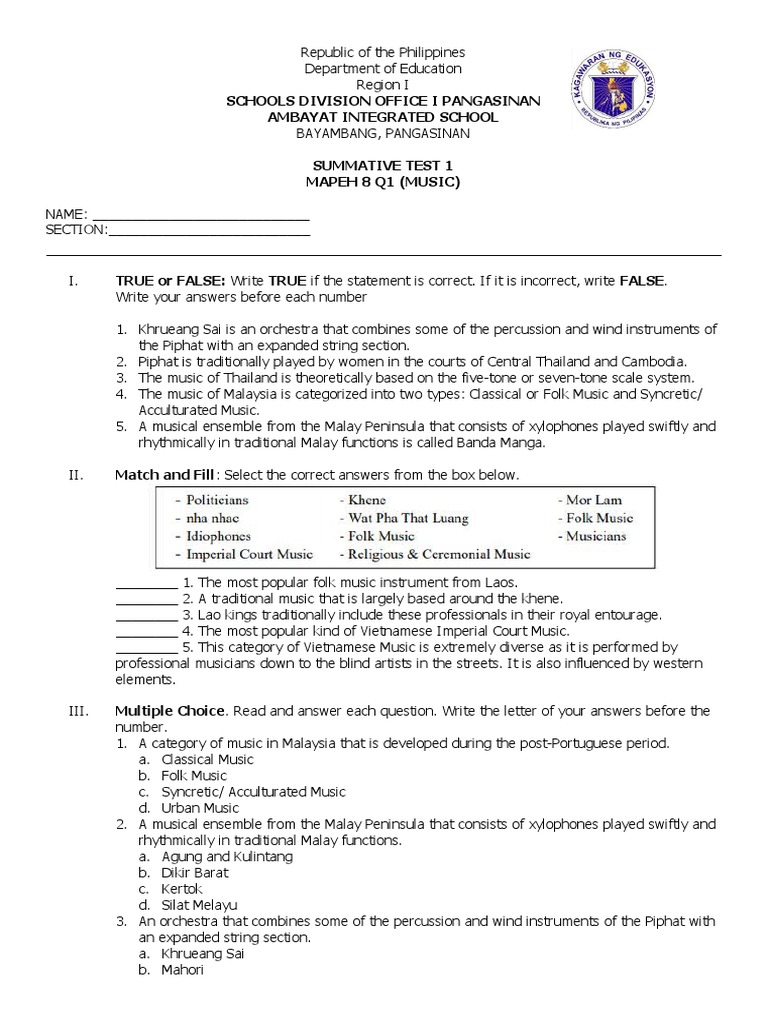 MAPEH 8 Q1 Summative Test: Music | PDF | Sound | Southeast Asia