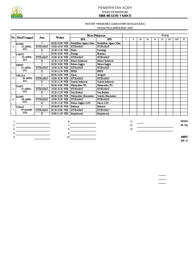 Roster Ujian SMA Negeri 1 Sakti 2021 | PDF