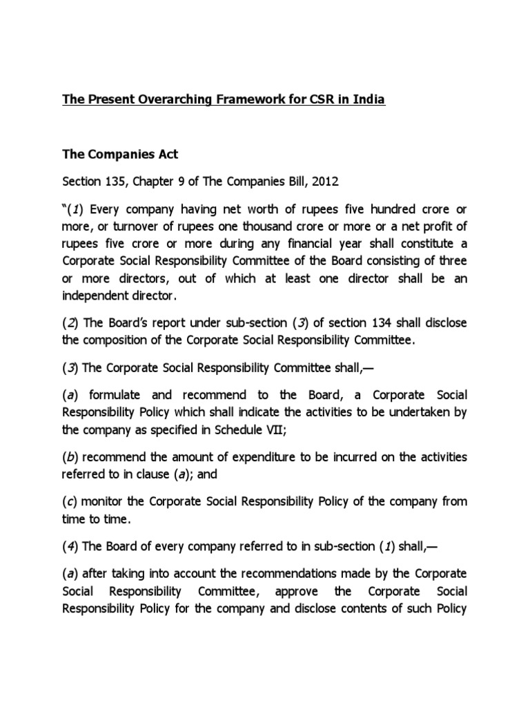 CSR Framework in India: Companies Act Insights | PDF | Corporate Social ...