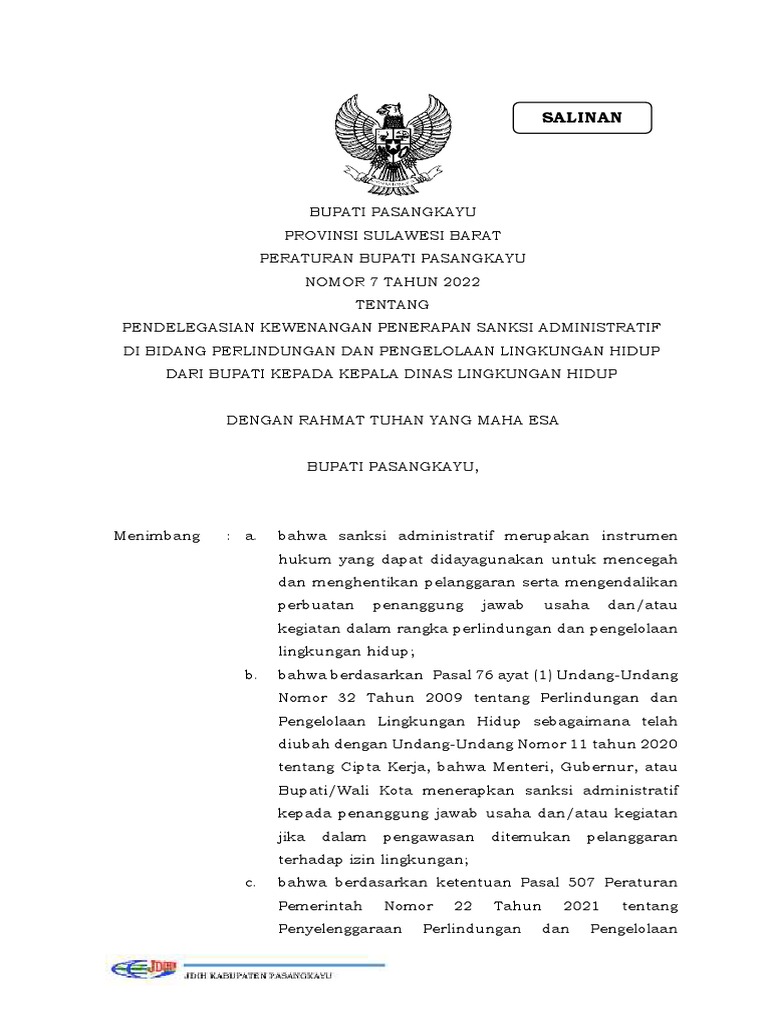 Salinan Perbup Nomor 7 Tahun 2022 Tentang Pendelegasian Kewenangan