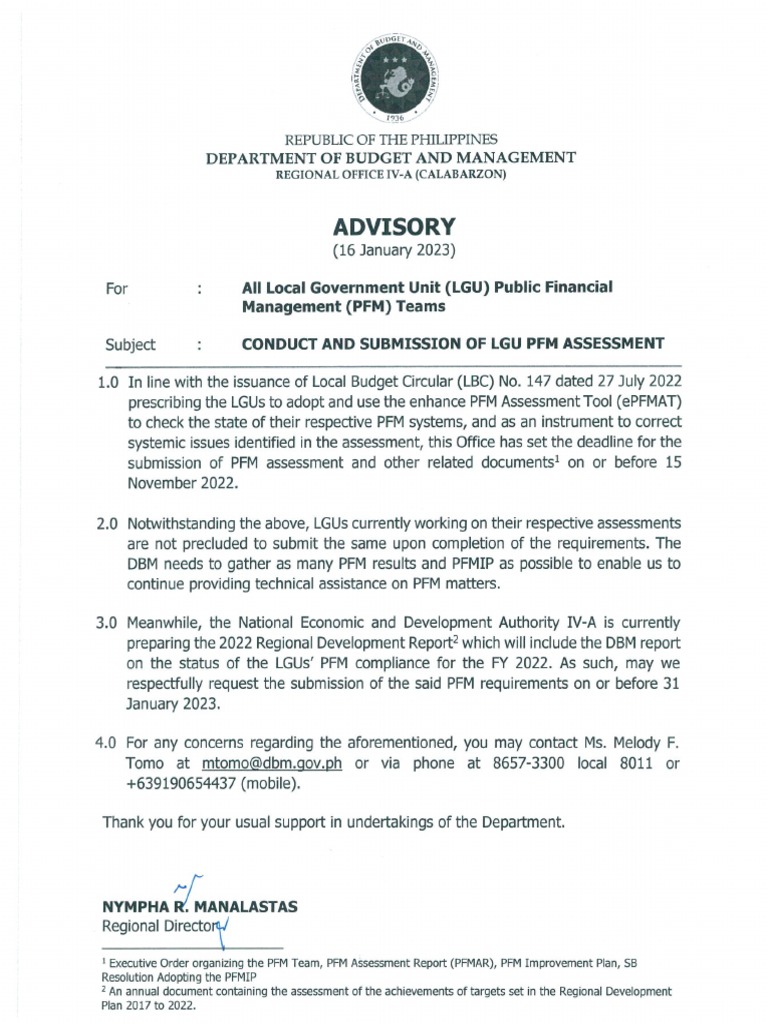 Advisory - Conduct and Submission of Lgu PFM Assessment | PDF