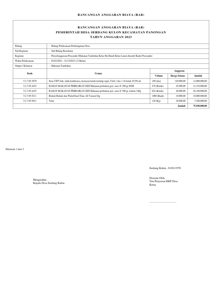 RAB Penyelenggaraan Posyandu 2023 | PDF