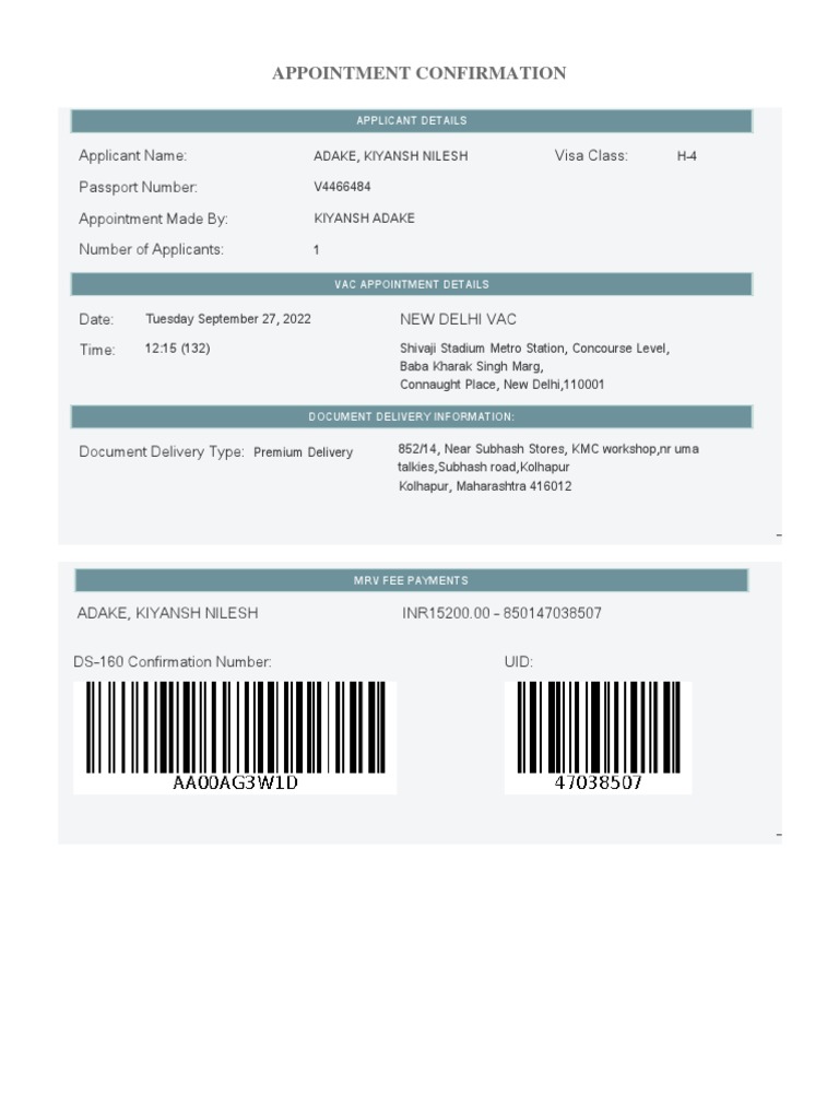 Appointment Confirmation and Document Submission Instructions for H4