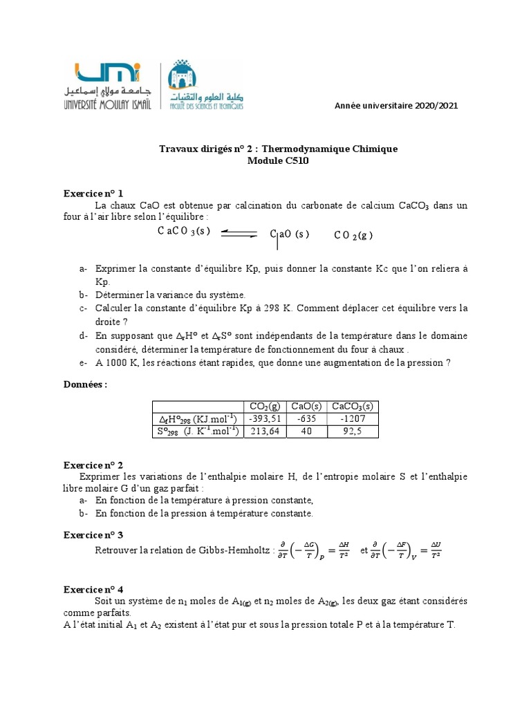 TD N°2 Thermo | PDF | Équilibre chimique | Enthalpie