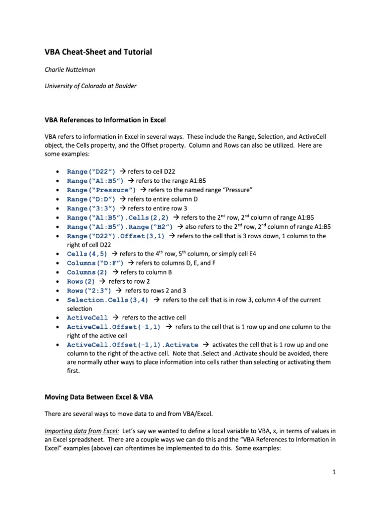 VBA Cheat Sheet | PDF