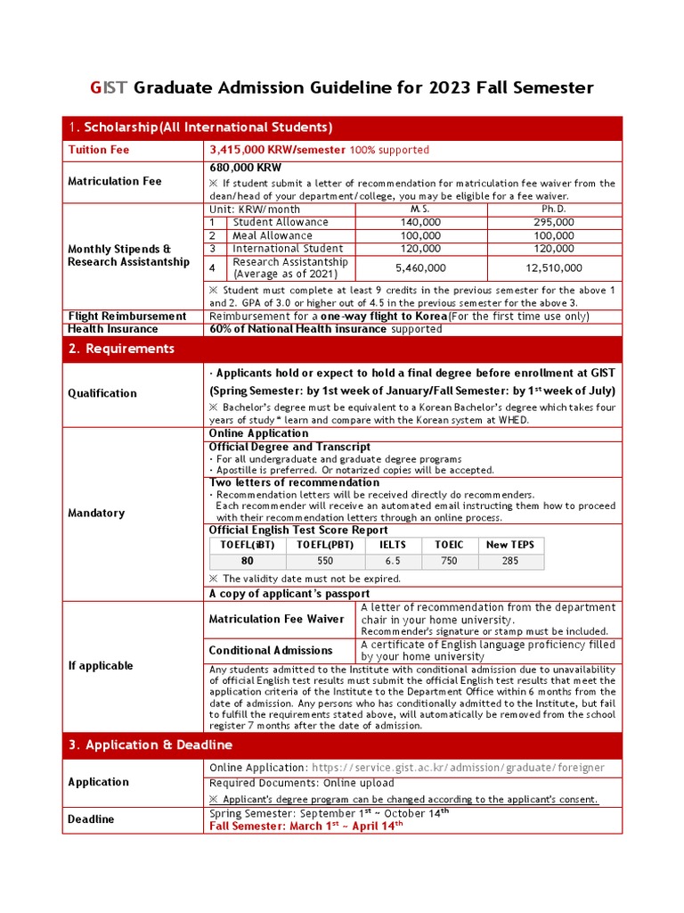 GIST Graduate Admission Guidelines 2023 | PDF | University And College ...