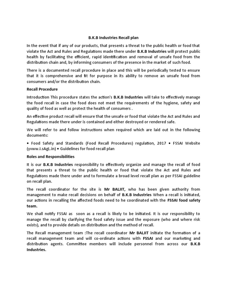 FSSAI Food Recall Plan Template Word File PDF Food Safety Safety