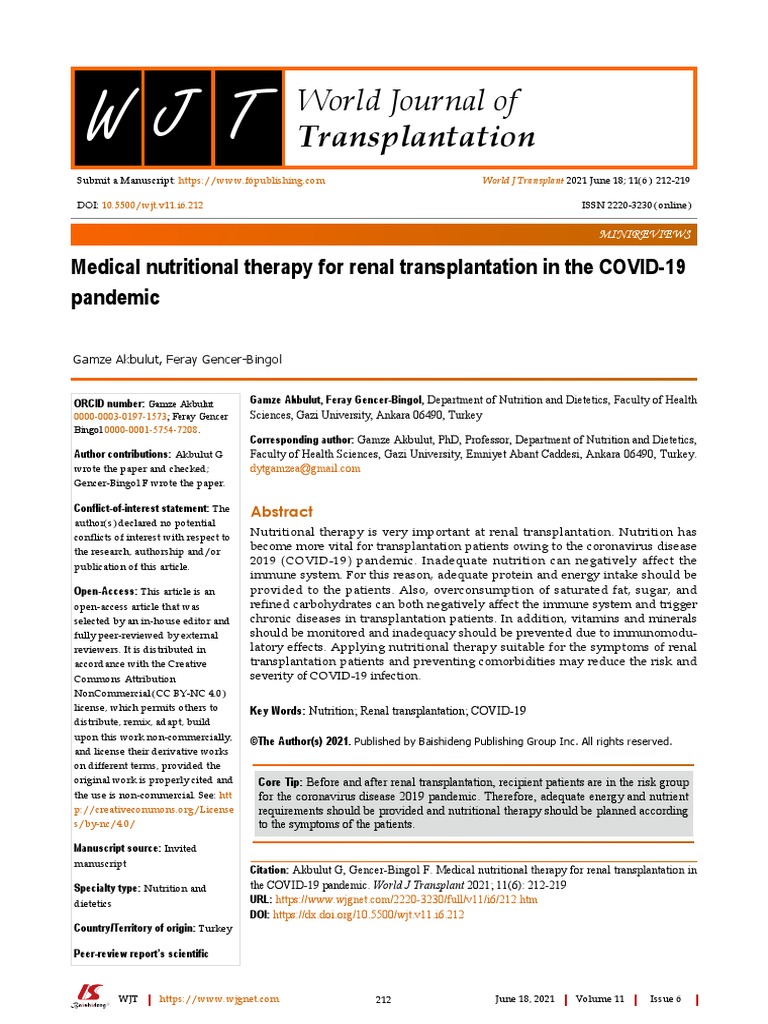 Medical Nutritional Therapy For Renal Transplantation in The COVID19