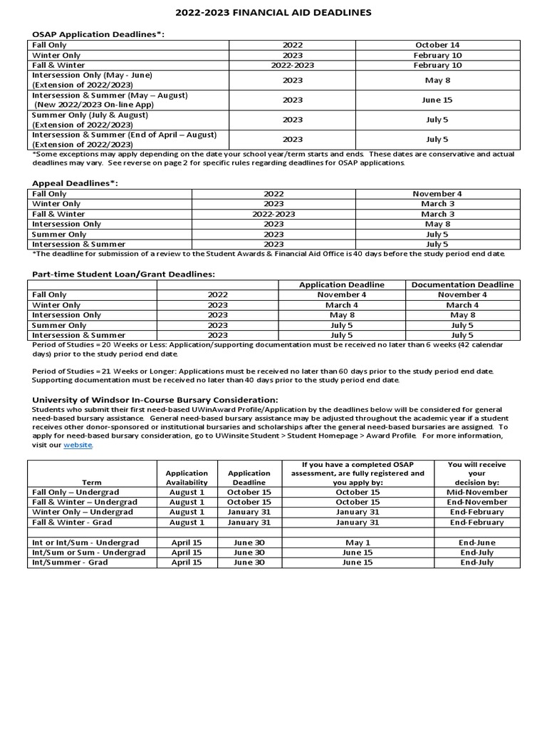 2022 2023 Osap Bursary Deadlines Web Version 0 PDF Student