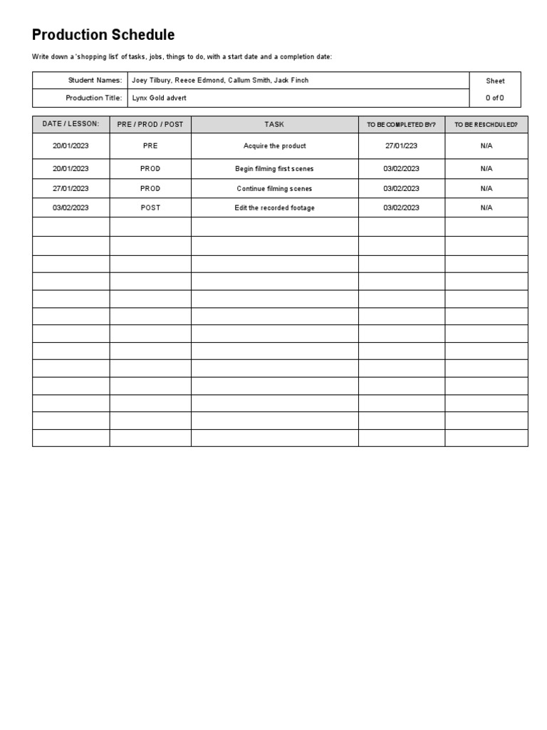 Production Schedule Blank | PDF