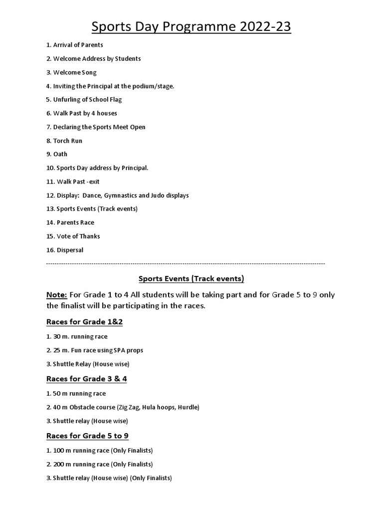 Sports Day Programme 2022-23 Outline | PDF