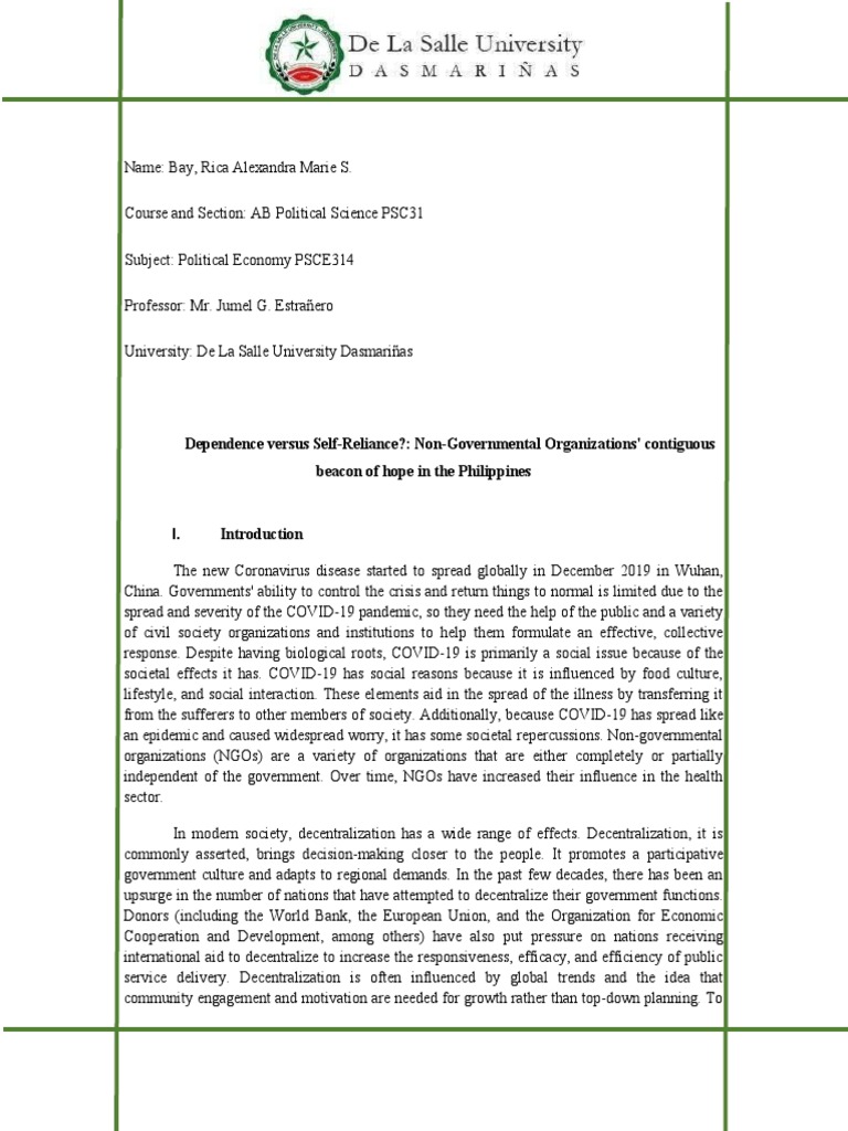 Dependence Versus SelfReliance? NonGovernmental Organizations
