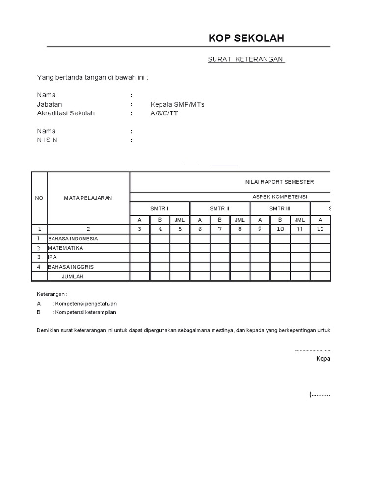 Format Surat Penyataan Dan Surat Ket Nilai Rapor | PDF
